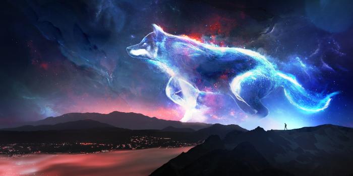 2560x1440 Big fantastic neon wolf in the sky, fantasy Desktop wallpapers 1920x1080