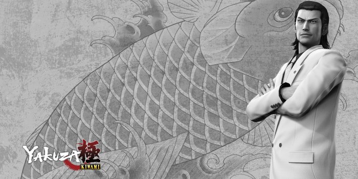 2560x1440 arms crossed, standing, looking at viewer, video game characters, Yakuza 0,  yakuza like a dragon, monochrome, video game art, simple background,  minimalism, video games, logo, watermarked | 2560x1440 Wallpaper -  wallhaven.cc