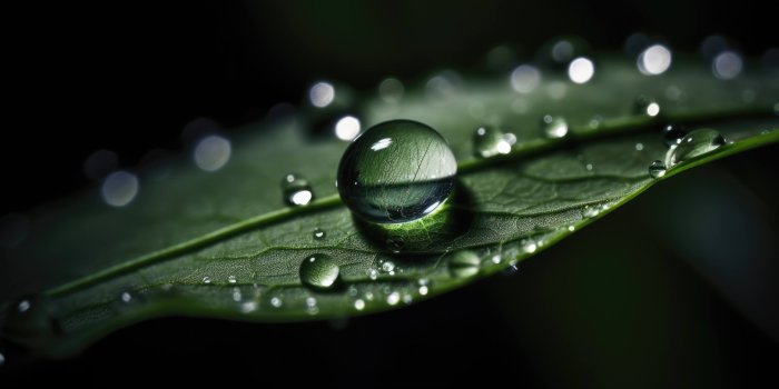 4368x2448 This desktop wallpaper showcases a macro shot of a water droplet on a leaf