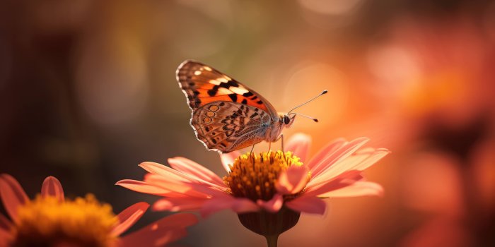 4368x2448 This desktop wallpaper features a macro shot of a butterfly perched on a  blooming flower in a sun-dappled meadow