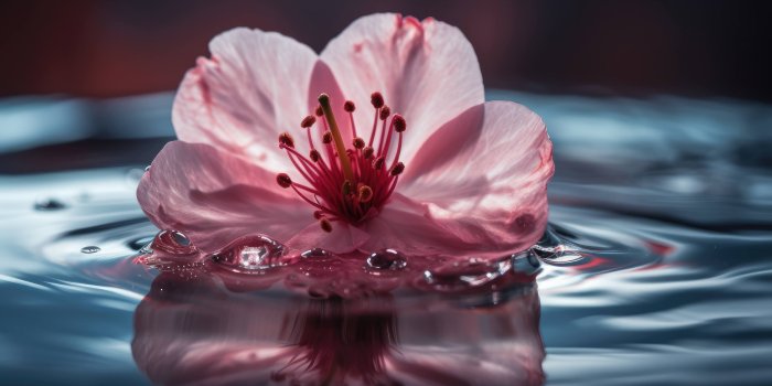 4368x2448 This desktop wallpaper showcases a macro shot of a cherry blossom petal  floating on water
