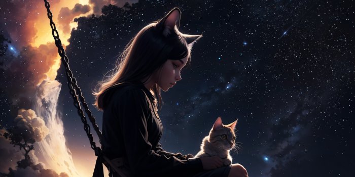 7680x4320 Cute Girl Wallpaper 4K, Kitten, Dream, Surreal, Night sky