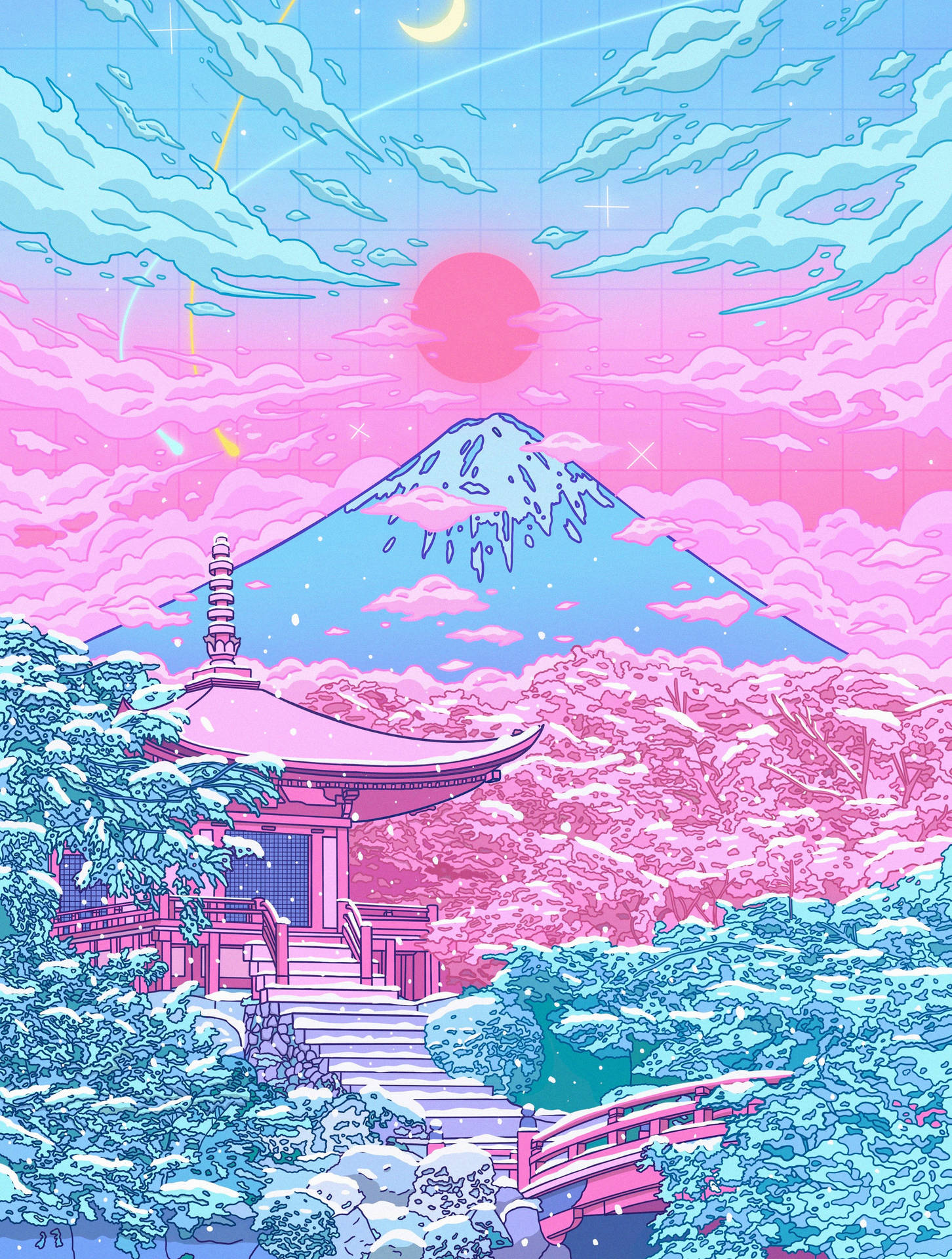1452x1920 Download Mount Fuji In Pastel Japanese Aesthetic Wallpaper | Wallpapers.com