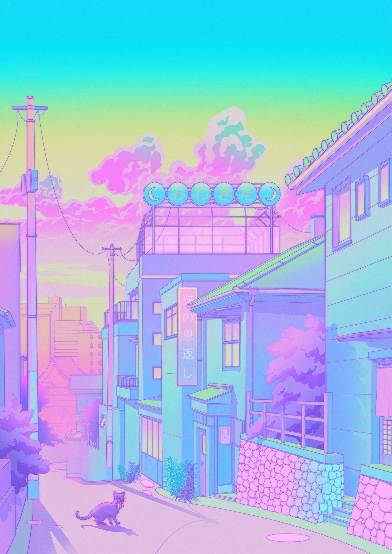 1360x1920 Download Neighborhood Cat In A Pastel Japanese Aesthetic Wallpaper |  Wallpapers.com