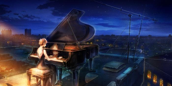 3300x1915 HD desktop wallpaper: Music, Anime, Night, Piano, Starry Sky, Pianist  download free picture #988538