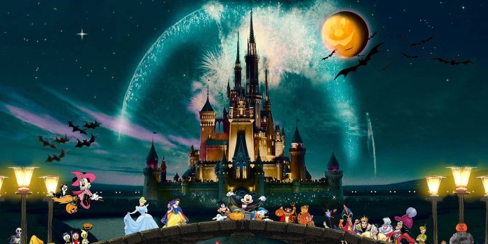 1910x1169 Download Disney Halloween Wallpaper featuring Mickey, Minnie, and villains  | Wallpapers.com