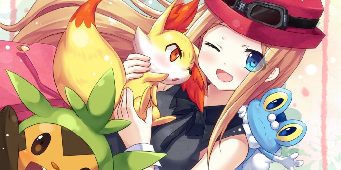 1194x800 blue eyes chespin fennekin froakie goggles hat mitsuki pokemon wink |  konachan.net - Konachan.com Anime Wallpapers