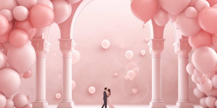 4368x2448 A 4K ultra hd wallpaper featuring a heart-shaped balloon arch in a dreamy  pastel color palette, with a couple standing under the arch and sharing a  romantic kiss
