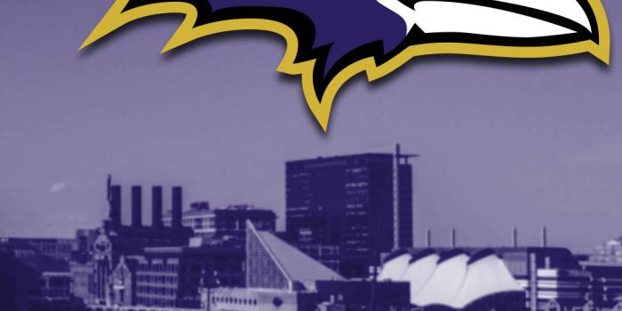 1080x1920 Download Baltimore Ravens Logo Purple Cityscape Wallpaper | Wallpapers.com