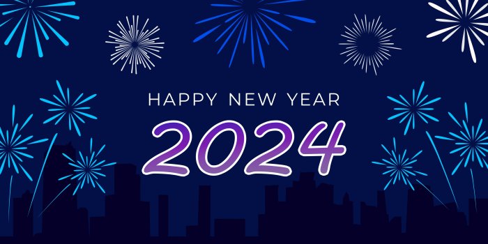 7680x4320 2024 Happy New Year fireworks on blue background - backiee