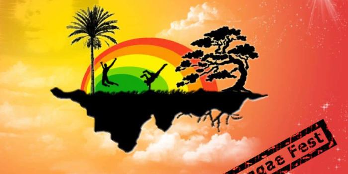 1280x960 Download Reggae Fest - A Poster With A Palm Tree And A Rainbow | Wallpapers .com