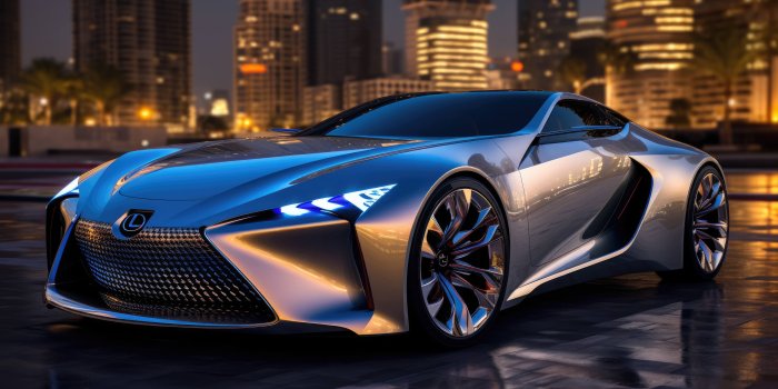 4368x2448 A 4K ultra HD wallpaper of a Lexus concept car, parked in a futuristic city