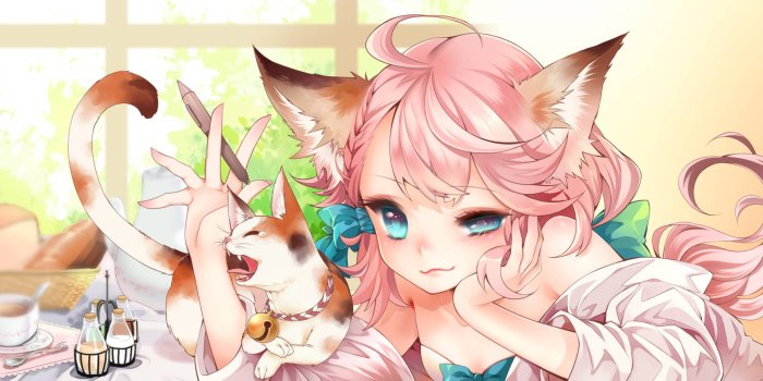 1920x924 Download Pink Haired Anime Cat Girl Wallpaper | Wallpapers.com