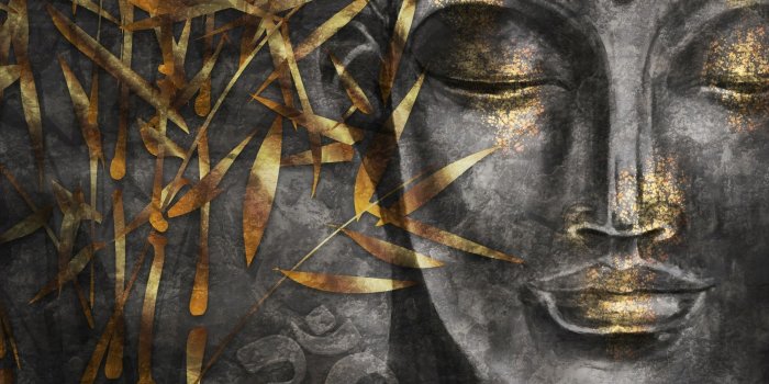 2000x1680 3D Look Concrete Buddha and Gold Style Leaves Wallpaper Mural • Wallmur®