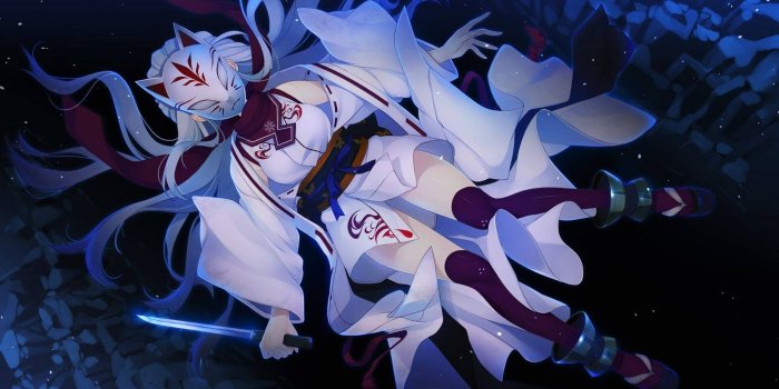 1700x1000 Download Anime Girl With Kitsune Mask On Wallpaper | Wallpapers.com