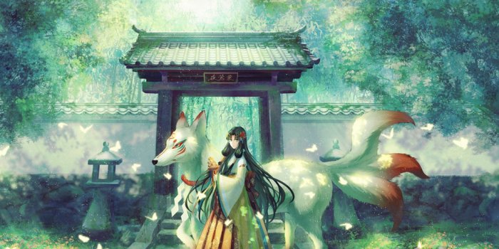 1024x768 Download wallpaper butterfly, Park, Japan, track, temple, priestess, kitsune,  the demon-Fox, section art in resolution 1024x768