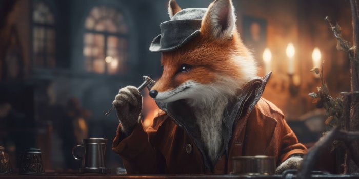 4368x2448 A 4K ultra hd wallpaper of a fox dressed in a detective's trench coat and  hat, holding a magnifying glass and searching for clues, embodying a sharp  and astute detective