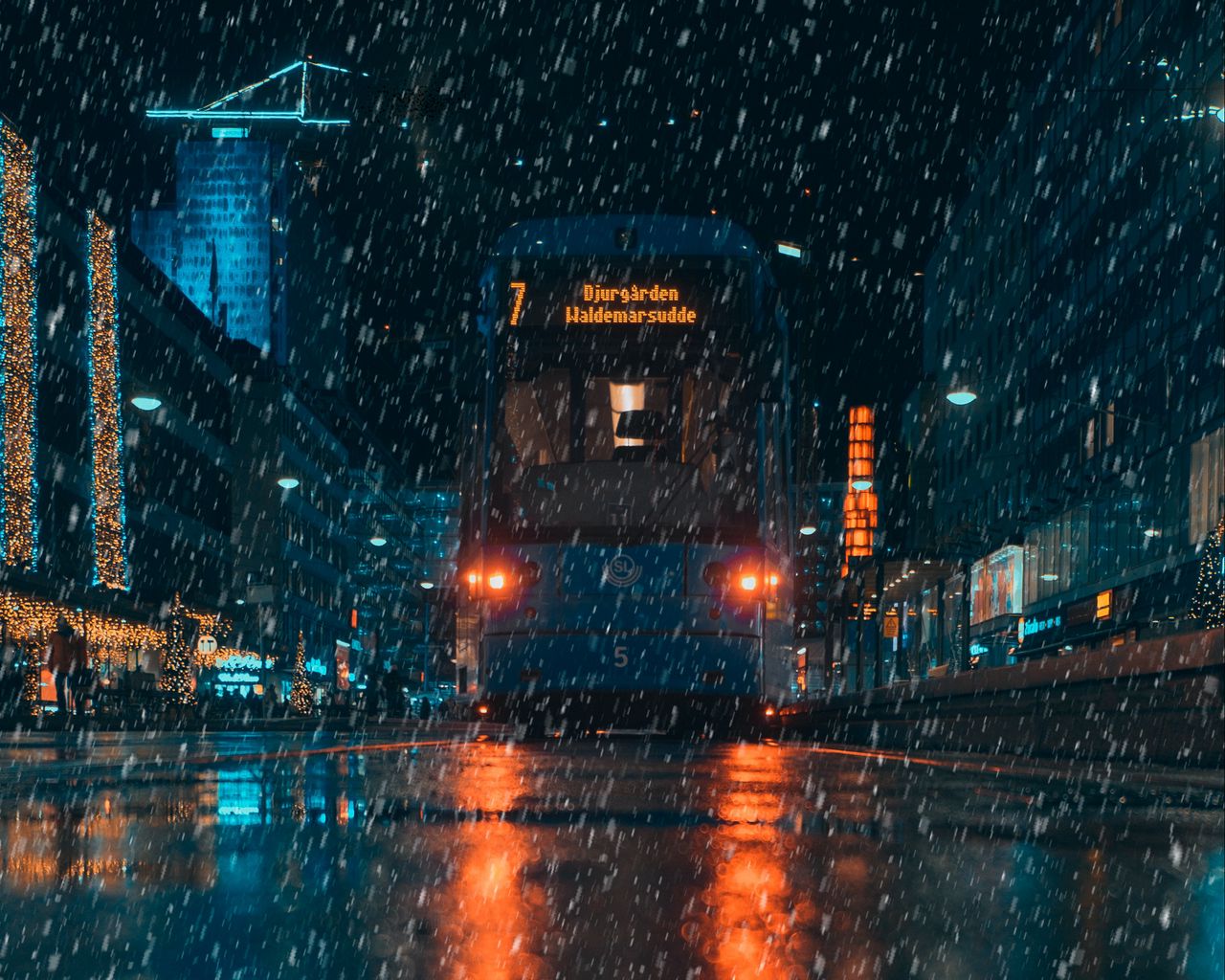 1280x1024 Download wallpaper 1280x1024 rain, transport, city, evening, night standard  5:4 hd background