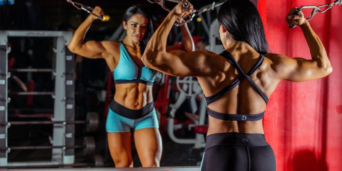 5760x3840 Photo Woman Bodybuilder Using Cable and Pulley Machine While Facing Mirror  · Free Stock Photo