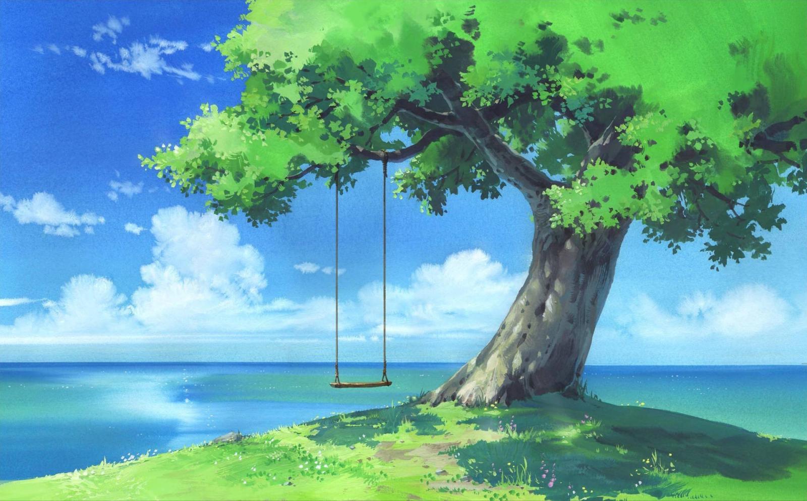 1920x1195 Download Tree Swing Green Anime Aesthetic Wallpaper | Wallpapers.com