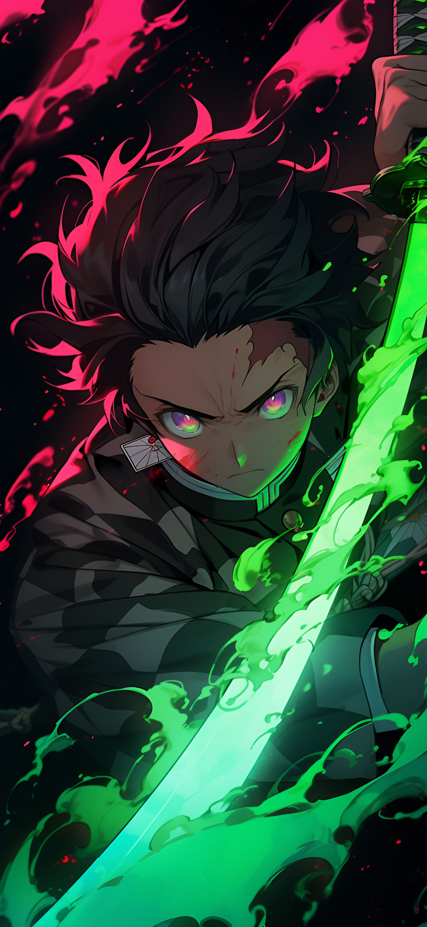1463x3171 Tanjiro with Green Neon Anime Wallpaper - Demon Slayer Wallpaper