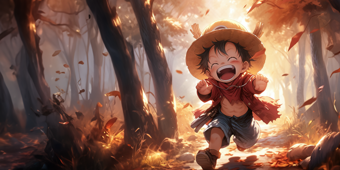 3440x1440 Chibi Luffy Wallpaper 4K, One Piece, Autumn Forest, AI art