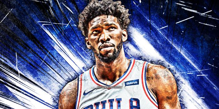 2880x1800 Download wallpapers Joel Embiid, NBA, grunge art, Philadelphia 76ers,  basketball stars, Joel Hans Embiid, basketball, blue abstract rays,  creative, Embiid Philadelphia 76ers for desktop with resolution 2880x1800.  High Quality HD pictures wallpapers