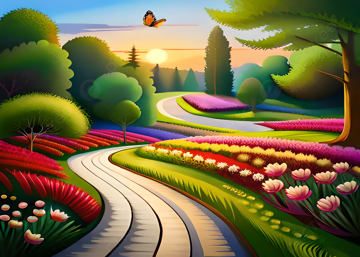 1200x857 Beautiful Path In Heaven Garden With Sunset Flowers Trees And Butterflies  Background, Wallpaper, Free Wallpaper, Heaven Background Image And Wallpaper  for Free Download