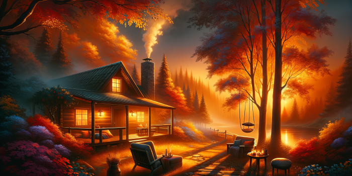 3584x2048 Enchanting Autumn Cabin Sunset HD Wallpaper