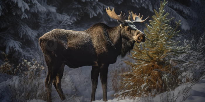 1200x673 Moose Standing In The Snow With Pine