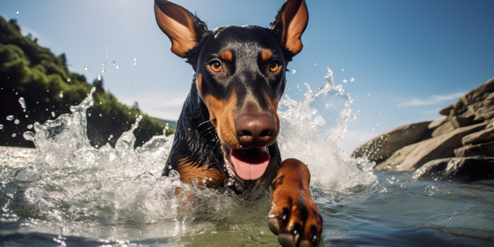 2563x1436 Doberman Pinscher Swimming Wallpaper by