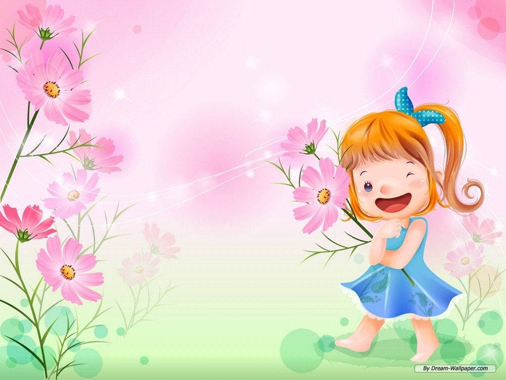 1024x768 Cartoon Girl With Flowers Wallpaper