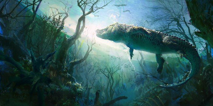 2500x1803 Wallpaper trees, pond, crocodile, art