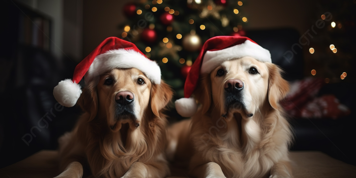 1200x673 2 Golden Retriever Dogs In Santa Hats