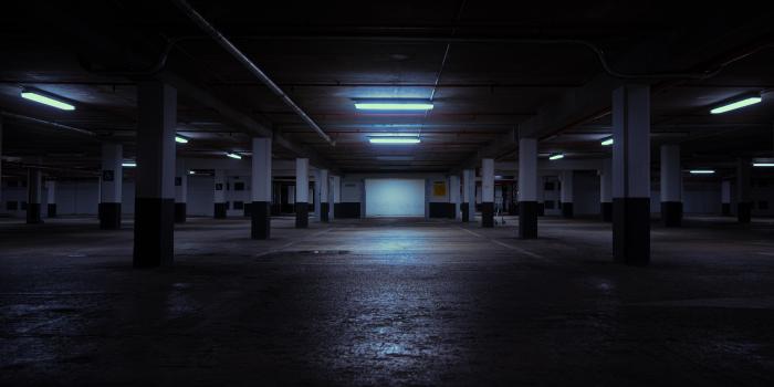 7952x3408 parking garage, neon, night, liminal