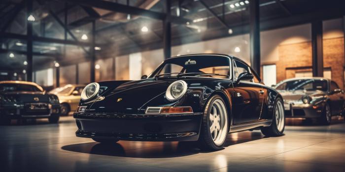 4368x2448 black Porsche 911 parked in a garage