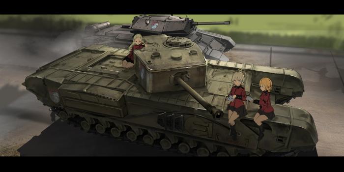 3000x1493 Anime, Blonde, Uniform, Skirt, Tank