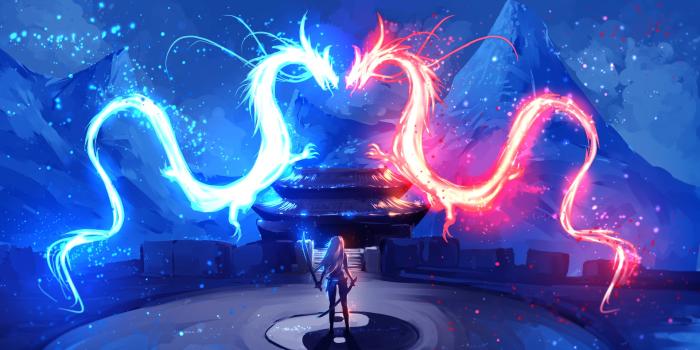 1920x1080 Red and blue neon dragons - backiee