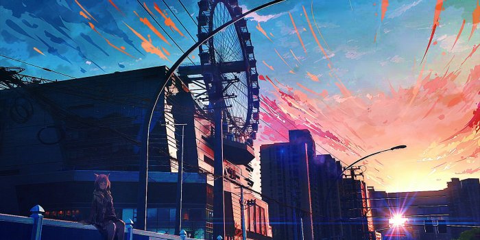 1917x1050 anime, sunset, cityscape, city, sky