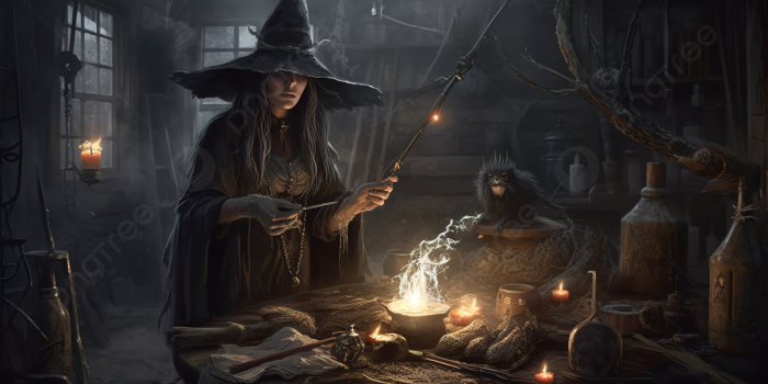 1200x673 Witch With Smoke At Table Background
