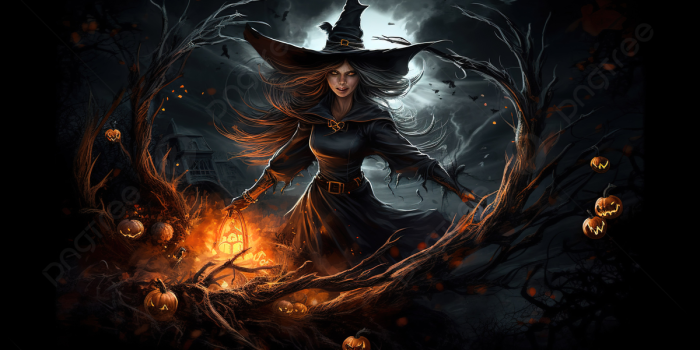 1200x673 Dark Witch With Pumpkins And Candles In