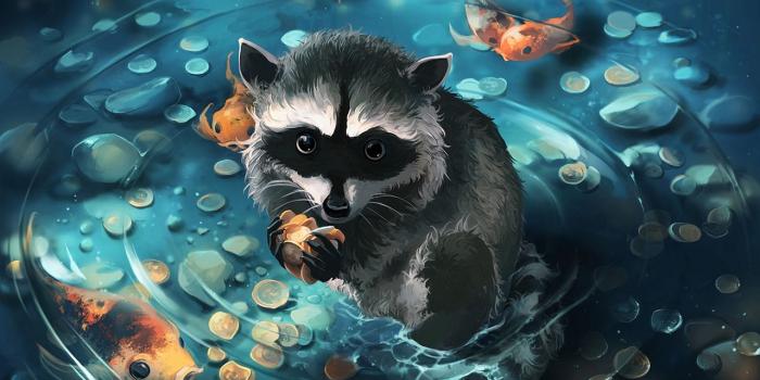 1280x720 Wallpaper raccoon, art, coins, water hd