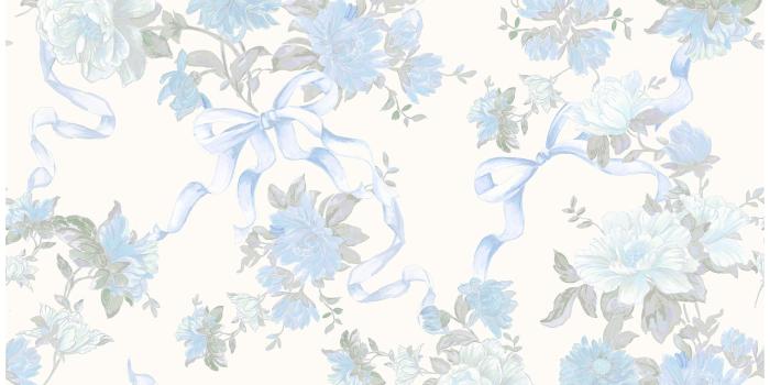 1774x1774 Cabbage Rose Bow Dusty River Blue Ribbons & Roses Wallpaper