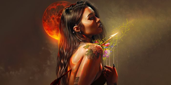 3440x1440 Red moon Wallpaper 4K, Fantasy girl, Broken, Digital Art