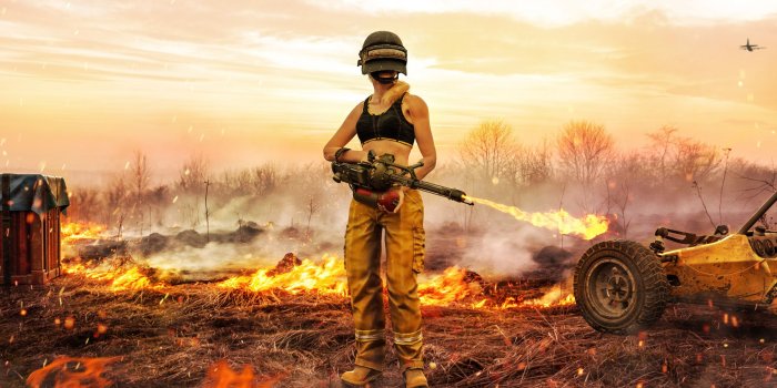 2560x1440 Downaload PUBG, clearing the mess, woman with firegun wallpaper