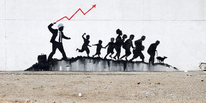 728x1092 HD wallpaper: Banksy, graffiti, concrete, urban, street art, sky