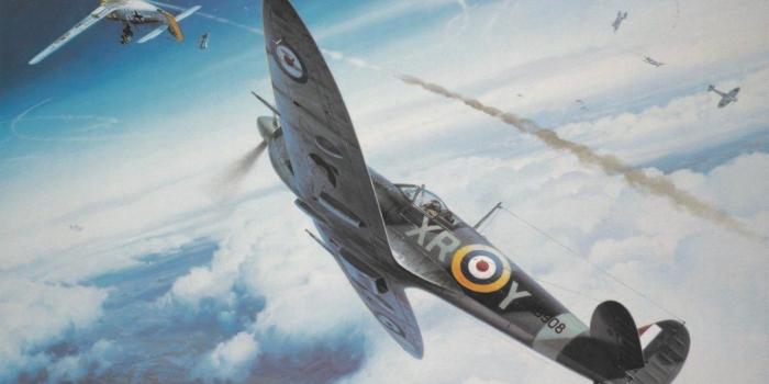 1332x850 Wallpaper war, art, Spitfire, painting, ww2, dogfight images for