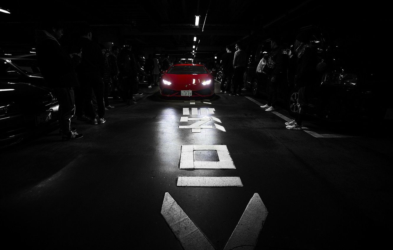1332x850 Wallpaper black & white, Lamborghini, red, tokyo, Huracan, people
