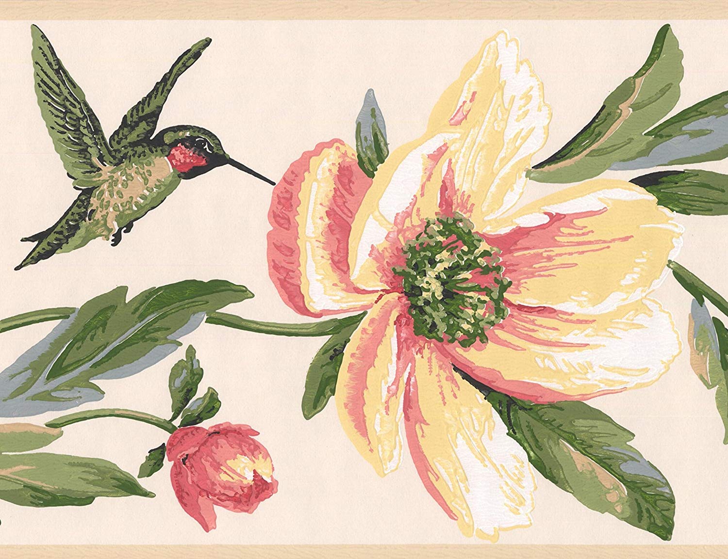 1500x1153 Pink Yellow Flowers Hummingbird Wallpaper Border Retro Design, Roll