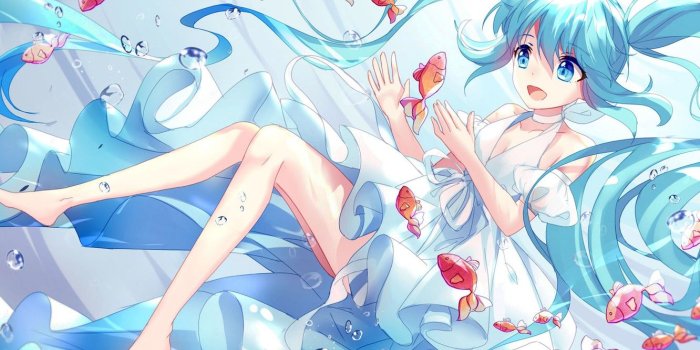 1332x850 Wallpaper fish, girl, Hatsune Miku, Vocaloid, Vocaloid, blue hair